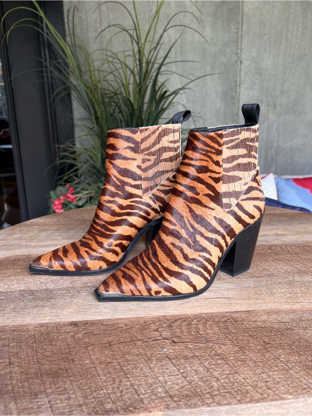 Kenneth Cole Suede Tiger-Print Pointed Ankle Boots - Brown and Black